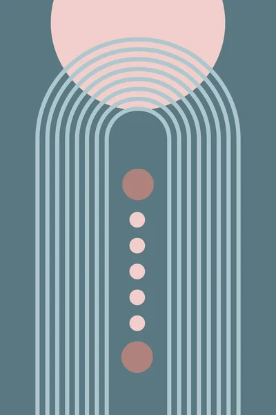 Geometrik şekil ve çizgilerle soyut bir arkaplan. Gökkuşağı izi ve güneş çemberi, boho stili. Pastel renklerde modern minimalist baskı. Denge, uyum ve denge kavramı. Vektör.