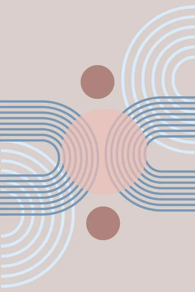 Geometrik şekil ve çizgilerle soyut bir arkaplan. Gökkuşağı izi ve güneş çemberi, boho stili. Pastel renklerde modern minimalist baskı. Denge, uyum ve denge kavramı. Vektör.
