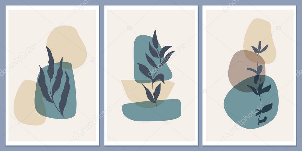 Set of templates with abstract composition of simple shapes and natural botanical elements. Collage style, minimalism. Pastel earthy colors. Vector banners for postcards and covers for social networks.
