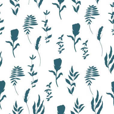 Soyut botanik elementlerin kusursuz deseni. Çimenler, yapraklar ve çiçekli dallar. Minimalist doğal kompozisyon. Kapak için vektör arkaplanı, giysiler için yazdırma, tekstil.