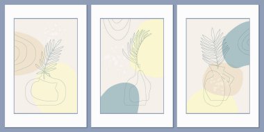 Basit şekillerin soyut bileşimine sahip şablonlar. Tropik palmiye yaprakları vazoda. Kolaj tarzı, minimalizm. Pastel toprak renkleri. Kartpostallar için vektör pankartları ve sosyal ağlar için kapaklar.