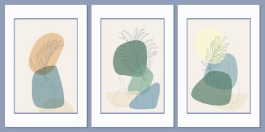 Basit şekillerin soyut bileşimine sahip şablonlar. Tropik palmiye yaprakları vazoda. Kolaj tarzı, minimalizm. Pastel toprak renkleri. Kartpostallar için vektör pankartları ve sosyal ağlar için kapaklar.