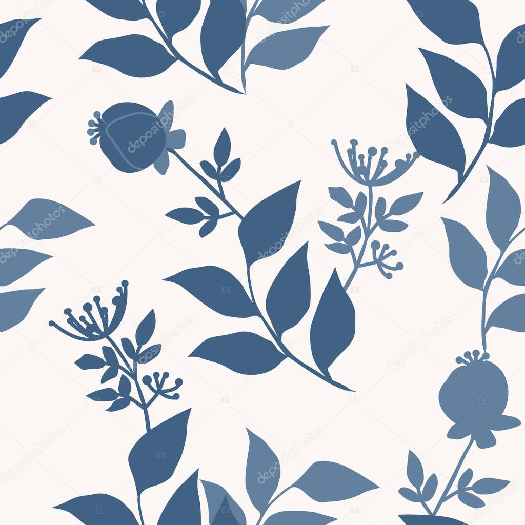 Seamless pattern of abstract botanical elements. Field grass, leaves and branches with flowers. Minimalistic natural composition. Vector background for cover, print for clothes, textiles.