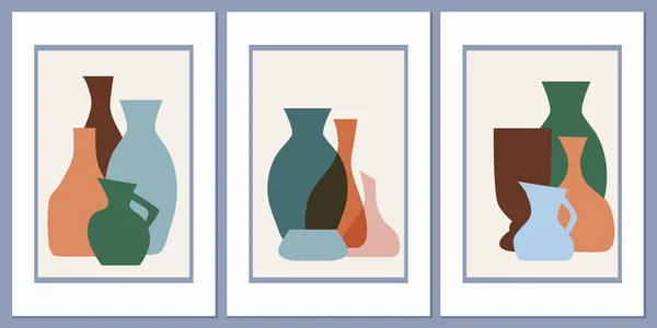 Değişik vazolardan ve basit şekillerden oluşan tencerelerden oluşan soyut bir şablon. Kolaj tarzı, Boho minimalizmi. Pastel toprak renkleri. Kartpostallar için vektör pankartları ve sosyal medya için kapaklar.
