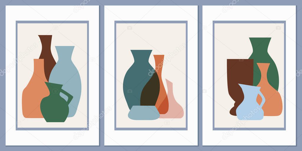 Template with an abstract composition of different vases and pots of simple shapes. Collage style, Boho minimalism. Pastel earthy colors. Vector banners for postcards and covers for social media.