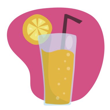 Yaz ferahlatıcı portakal suyu kokteyli. Bardakta alkolsüz içki. Limonata ve taze meyve dilimleri. Sağlıklı vejetaryen yemekleri. vektör düz illüstrasyon.