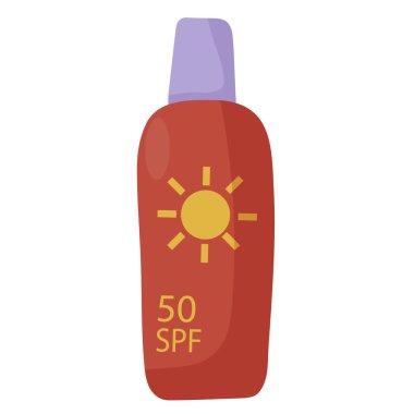 Güneş kremi. Cildinizi güneşin zararlı ışınlarından korur. SPF 50. Tatiller ve seyahatler için bir zorunluluk. Tasarımın için bir element. Basit düz resimleme.