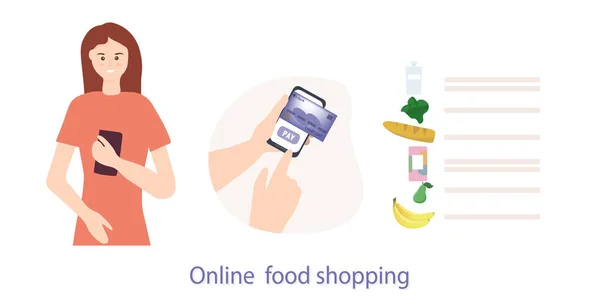 オンラインストアで食べ物を注文します クレジットカードでの支払い スーパーでの商品の選択 安全な宅配コンセプト 平面ベクトル図 — ストックベクタ