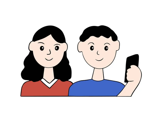Birbirine aşık iki genç birlikte vakit geçiriyor. Akıllı telefondan fotoğraflarımızı çekiyorlar. Vektör karikatürü.