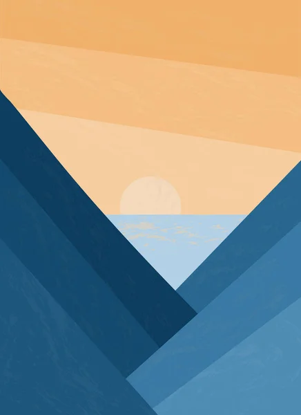 Minimalistische Landschaft Abstrakte Berge Und Sonnenuntergang Meer Stilvoller Natürlicher Hintergrund — Stockvektor