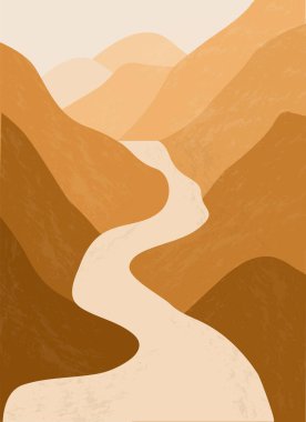 Mountain Nehri. Soyut manzara, minimalizm. Dünyamızın renkleri moda. Doğayı koru ve koru. Seyahat, tatil ve turizm kavramı. Vektör duvar sanat posteri.