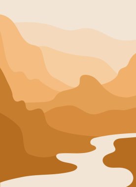 Mountain Nehri. Soyut manzara, minimalizm. Dünyamızın renkleri moda. Doğayı koru ve koru. Seyahat, tatil ve turizm kavramı. Vektör duvar sanat posteri.