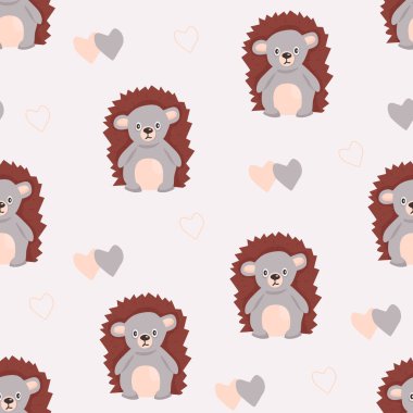 Hayvanlarda kusursuz desen. Şirin kirpi ve kalpler. Çocuk kıyafetleri ve duvar kağıtları için çizgi film çizimi. Hediye paketi, kağıt ve kumaş..