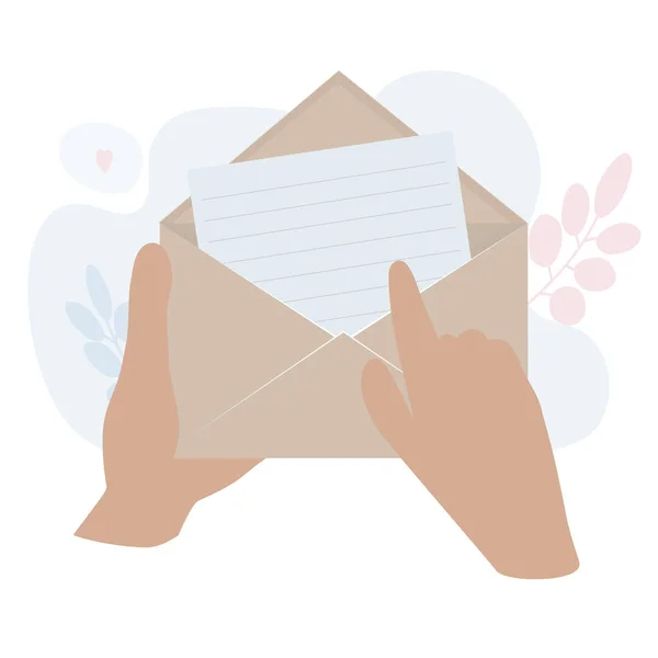 Les Mains Des Femmes Tiennent Une Enveloppe Papier Kraft Intérieur — Image vectorielle