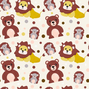 Kusursuz hayvan şekli. Tatlı ayıcık, aslan ve kirpi. Orman sakinleri. Çocuk kıyafetleri ve duvar kağıtları için çizgi film vektör baskısı. Hediye paketi, kağıt ve kumaş..