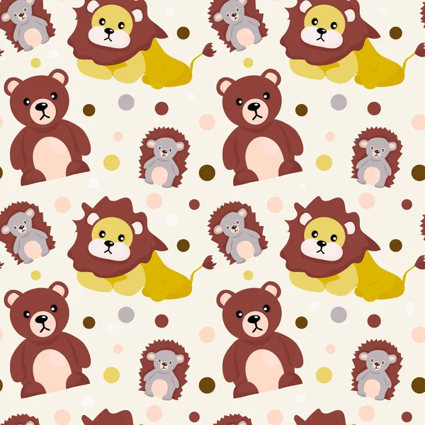 Kusursuz hayvan şekli. Tatlı ayıcık, aslan ve kirpi. Orman sakinleri. Çocuk kıyafetleri ve duvar kağıtları için çizgi film vektör baskısı. Hediye paketi, kağıt ve kumaş..