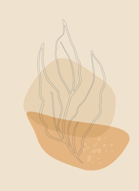 Basit şekillerin soyut bir kompozisyonu ile şablon. Yapraklı dal, çim hattı sanatı. Kolaj tarzı, Boho minimalizmi. Pastel renkler. Vektör pankartları, tişört baskısı ve sosyal medya kapakları.