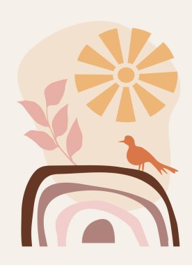 Gökkuşağı ve güneş, bitki dalı ve kuş. Barışın, uyumun ve özgürlüğün sembolleri. Soyut kompozisyonu olan şablon. Minimalizm, boho tarzı. Kartpostallar için vektör pankartı, duvar sanatı, dahili kart.
