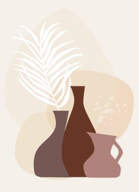 Soyut botanik duvar sanatı. Vazolarda palmiye yaprağı. Basit geometrik şekillerin arka planında. Boho tarzında minimalist kompozisyon. Kartpostallar için vektör pankartı, dahili kartlar.