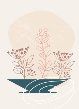 Soyut botanik duvar sanatı. Basit geometrik şekillerin arka planında bir vazoda ya da saksıda yaprakları olan çim ve dal. Boho tarzında minimalist kompozisyon. Kartpostallar için vektör pankartı.