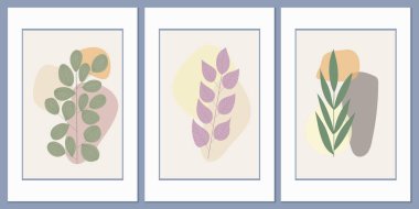 Bitki çizimi, botanik element. Soyut geometrik şekillerin arka planında çayır çimenleri. Boho minimalizmi. Kartpostallar, duvar resimleri, iç kartvizitler için vektör duvar sanatı.