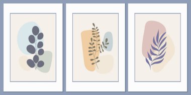 Bitki çizimi, botanik element. Soyut geometrik şekillerin arka planında çayır çimenleri. Boho minimalizmi. Kartpostallar, duvar resimleri, iç kartvizitler için vektör duvar sanatı.