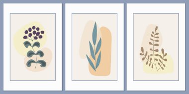 Bitki çizimi, botanik element. Soyut geometrik şekillerin arka planında çayır çimenleri. Boho minimalizmi. Kartpostallar, duvar resimleri, iç kartvizitler için vektör duvar sanatı.