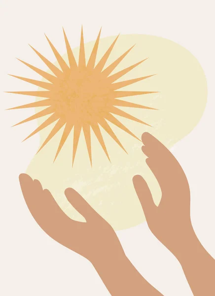 Руки Тянутся Солнцу Символ Мира Гармонии Шаблон Абстрактной Композицией Минимализм — стоковый вектор