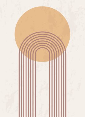 Geometrik şekilleri ve çizgileri olan soyut bir poster. Gökkuşağı izi ve güneş çemberi, boho stili. Pastel renkli kemerli modern minimalist baskı. Denge, uyum ve denge kavramı. Vektör.