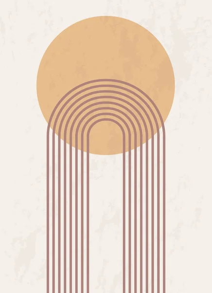 Geometrik şekilleri ve çizgileri olan soyut bir poster. Gökkuşağı izi ve güneş çemberi, boho stili. Pastel renkli kemerli modern minimalist baskı. Denge, uyum ve denge kavramı. Vektör.