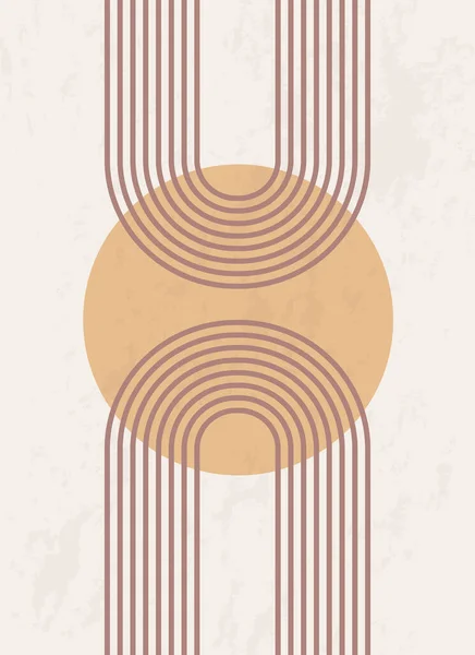 Geometrik şekilleri ve çizgileri olan soyut bir poster. Gökkuşağı izi ve güneş çemberi, boho stili. Pastel renkli kemerli modern minimalist baskı. Denge, uyum ve denge kavramı. Vektör.