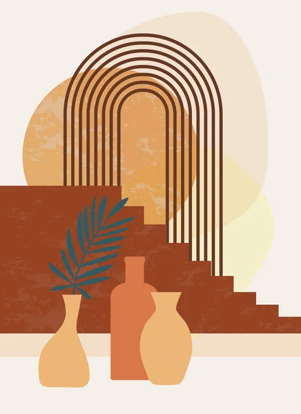 现代抽象构图 简约的Boho风格海报 陶瓷花瓶棕榈叶彩虹自然的弧形线条和太阳圆圈 兵马俑的颜色 家居装饰用的壁纸 — 图库矢量图片