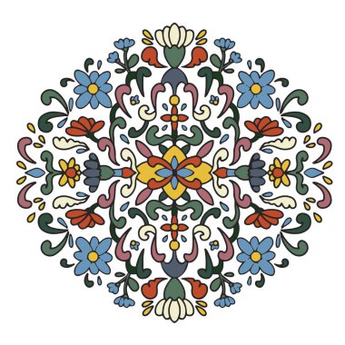 Vektör, el çizimi, çizgi sanatı. Çiçekler, dallar ve yapraklar botanik bileşiminde. Bitkisel doğal süsleme. Mandala. Çeşitli soyut şekiller ve çizgiler. Döşeme kalıbı.