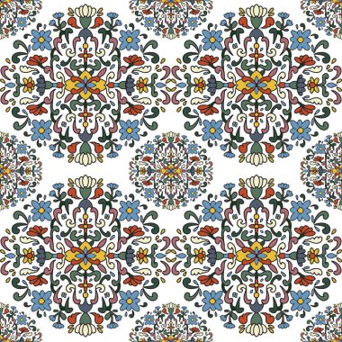 Kusursuz desen. Çiçekler, dallar ve yapraklar botanik bileşiminde. Bitkisel doğal süsleme. Çeşitli soyut şekiller ve çizgiler. Döşeme kalıbı. Kağıt, örtü, kumaş, hediye paketi için. Vektör.