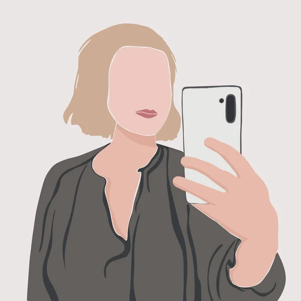 Portrét abstraktní dívky v moderním minimalistickém stylu. Žena, která fotí selfie s chytrým telefonem. vektorová plochá ilustrace — Stockový vektor