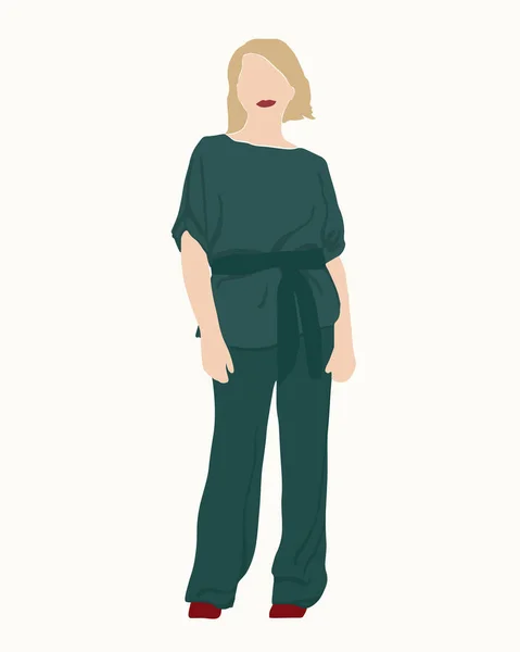 Tam boy soyut kadın. Şık yeşil takım elbise. Güzellik ve moda. Feminizm ve özgürlük kavramı. Minimalist tarzda vektör boho illüstrasyonu