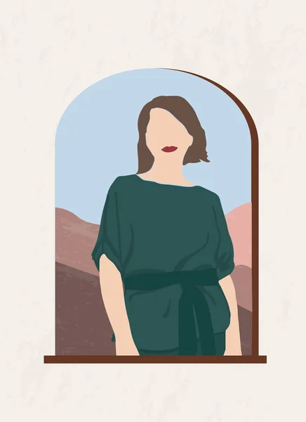 Αφηρημένη προσωπογραφία μιας γυναίκας σε ένα τοξωτό παράθυρο σε ένα ορεινό τοπίο. Έννοια του φεμινισμού και της ελευθερίας. Εικονογράφηση vector boho σε μινιμαλιστικό στυλ. Τέχνη τοίχου, αφίσα ή πρόσκληση για πάρτι — Διανυσματικό Αρχείο