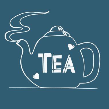 Buharı tüten bir çaydanlıkta CHAI yazıyor. çizgi sanatı. Poster veya davet kartı şablonu için vektör illüstrasyonu.