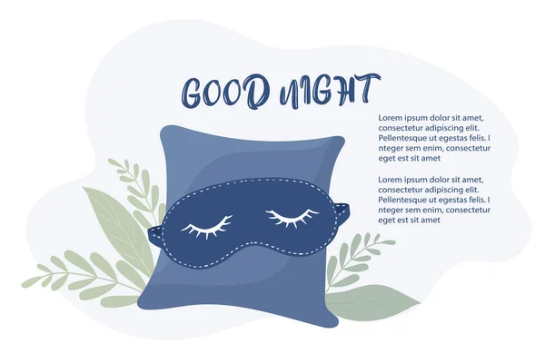 Illustrazione Con Maschera Del Sonno Cuscino Morbido Iscrizione Buona Notte — Vettoriale Stock
