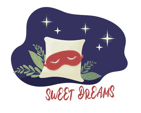 Ilustração Com Máscara Sono Estrelas Travesseiro Macio Inscrição Sweet Dreams — Vetor de Stock