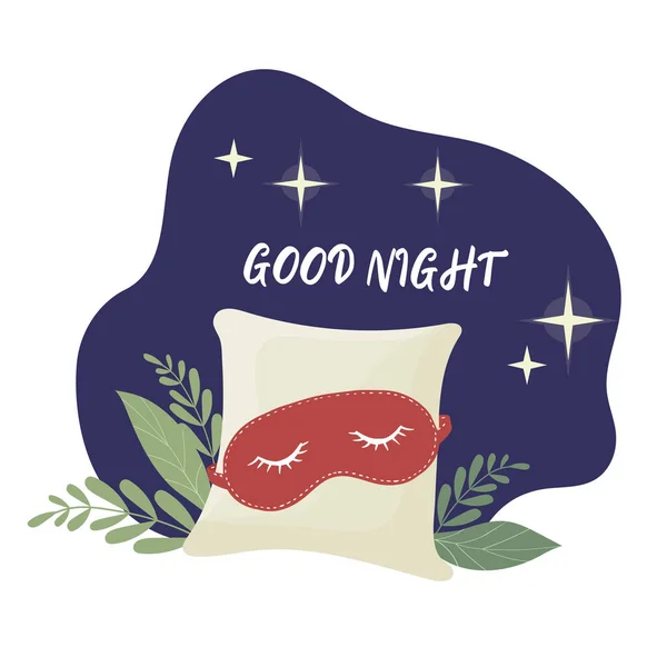 Illustration Mit Schlafmaske Sternen Dunklen Himmel Und Einem Weichen Kissen — Stockvektor