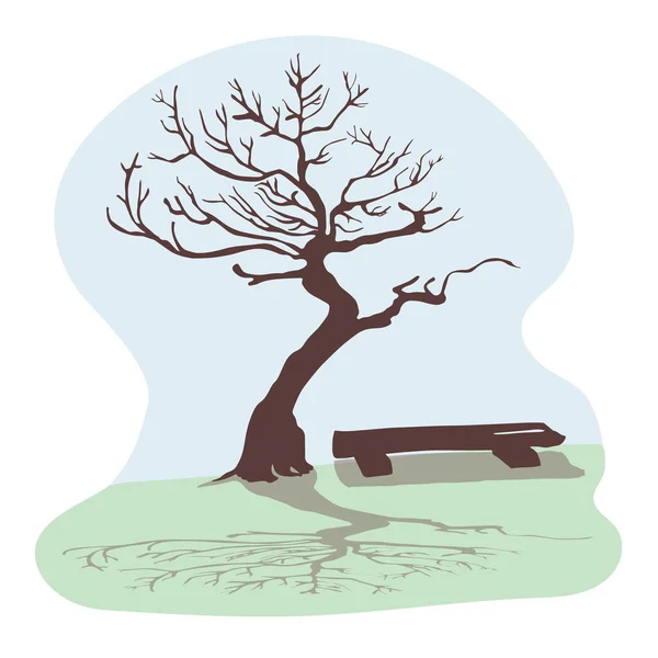 A dry old tree and a beautiful shade. Trunk and branches without leaves against the blue sky. Next to it is a wooden bench. The concept of loneliness and emptiness. Silhouette of a tree. Vector. — Stock Illustration Dry Old Tree Beautiful Shade Trunk Branches Leaves Blue Sky Royalty Free Stock Vectors