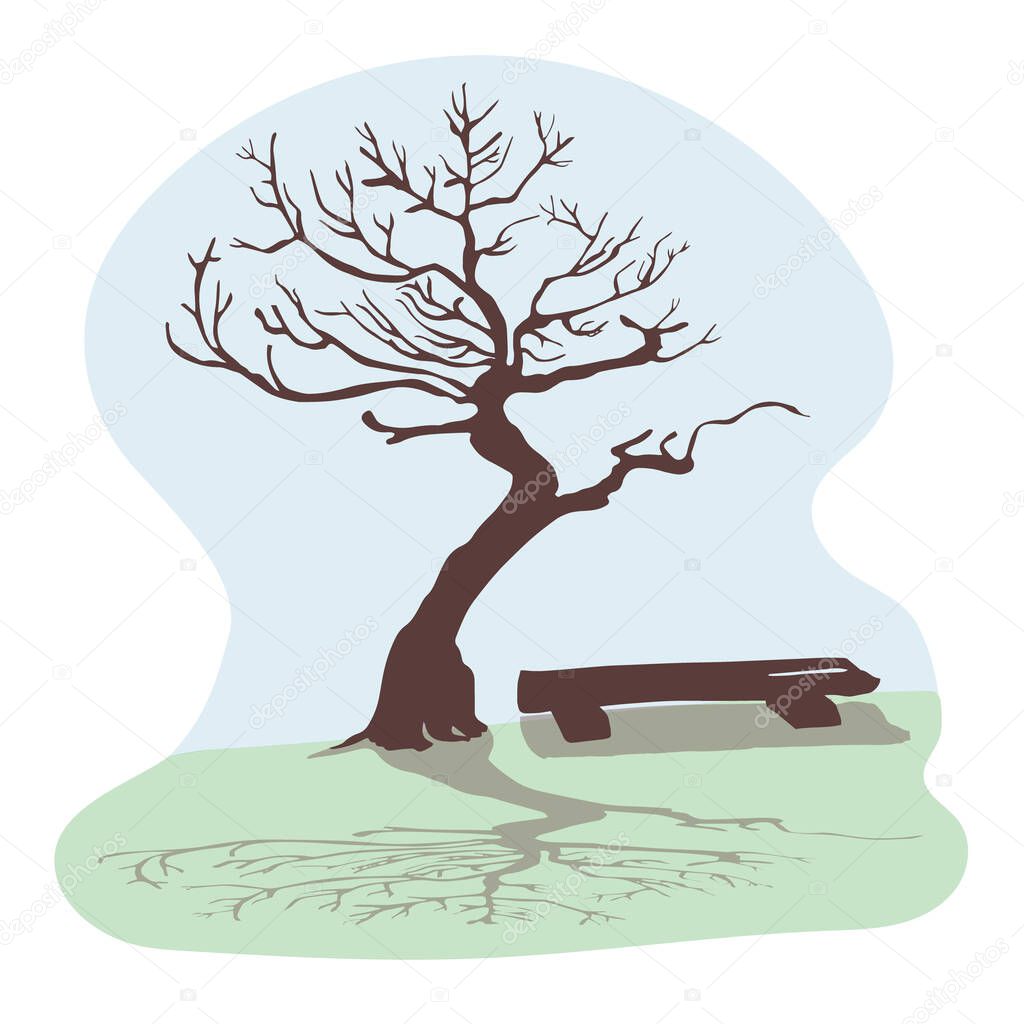 A dry old tree and a beautiful shade. Trunk and branches without leaves against the blue sky. Next to it is a wooden bench. The concept of loneliness and emptiness. Silhouette of a tree. Vector.