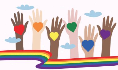 LGBT topluluğunun vektör illüstrasyonu. Farklı renkte elleri ve gökkuşağı kalpleriyle. Eşcinsel geçit töreninde elinde semboller olan bir sürü insan. Renkli dalga. Poster, broşür, kartpostal, afiş, web için tasarım.
