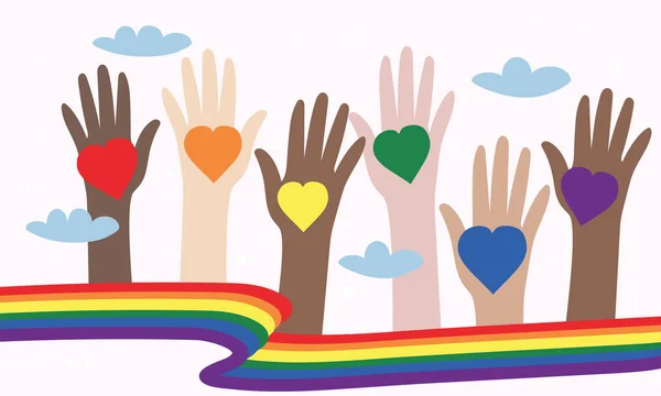 LGBT topluluğunun vektör illüstrasyonu. Farklı renkte elleri ve gökkuşağı kalpleriyle. Eşcinsel geçit töreninde elinde semboller olan bir sürü insan. Renkli dalga. Poster, broşür, kartpostal, afiş, web için tasarım.
