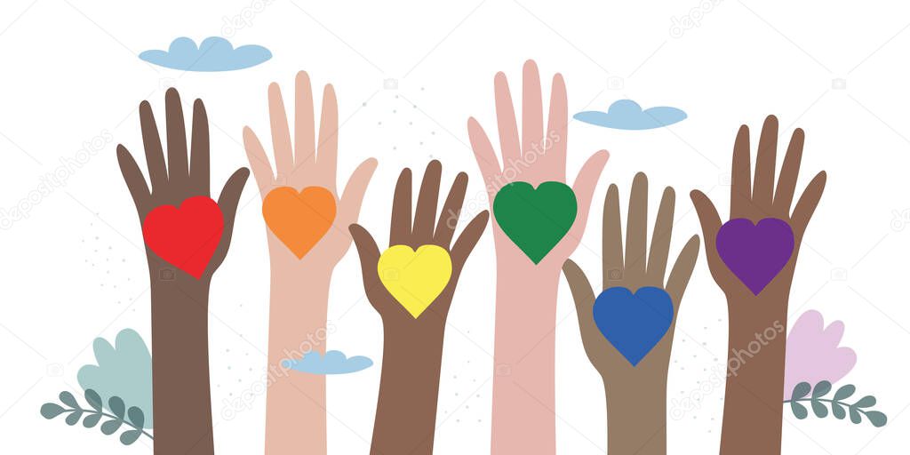 Vector illustration of LGBT community. Hands of different colors with rainbow hearts. Crowd of people with symbols at a gay parade. Design for poster, flyer, postcard, banner, web.
