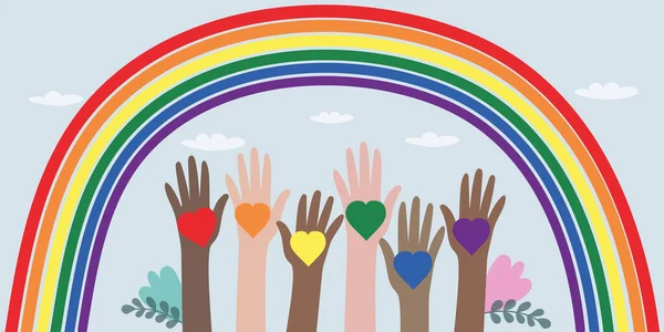 Illustrazione Vettoriale Della Comunità Lgbt Mani Diversi Colori Con Cuori — Vettoriale Stock