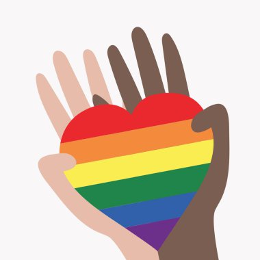LGBT topluluğunun temsilcisi. Gökkuşağı kalbini tutan farklı renkte eller. LGBTQ sembolizm ve renkler. İnsan hakları ve hoşgörü. Mutlu Gurur Ayı. Kartpostal, pankart tasarımı.