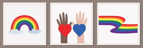 Lgbtコミュニティの3つのベクターイラストのセット 虹の心と虹と異なる色の手 Lgbtqの象徴と色 人権と寛容 ハッピープライド月間 — ストックベクタ