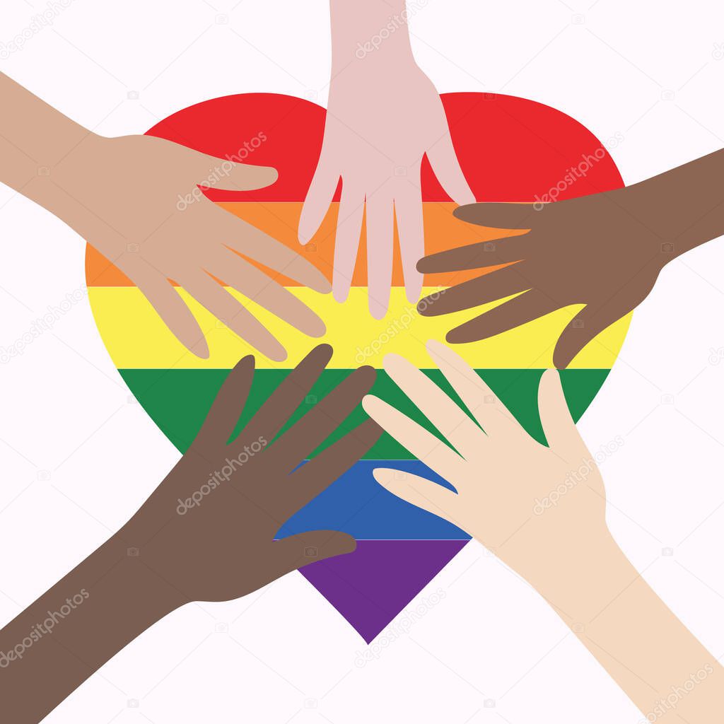 Vector illustration of the LGBT community. Hands of different colors on a rainbow heart. LGBTQ symbolism and colors. Human rights and tolerance. Happy Pride Month. Postcard, banner design.